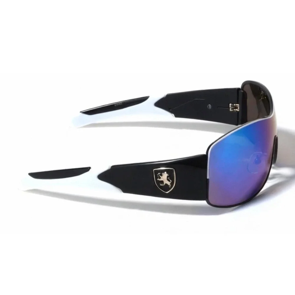 Women Shield Sunglasses Blue Mirrored Black White‎ Wraparound Frame Lentes Gafas